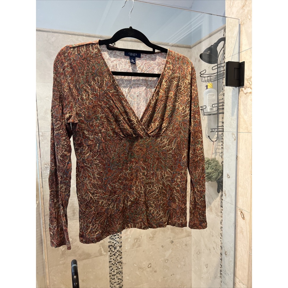 CHAPS Women Earth Tone Paisley Empire Waist Tunic Top Knit V-Neck Blouse Large